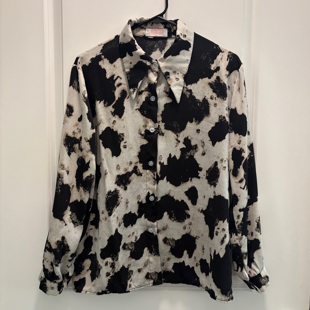 Black and White Cow Print Women's Button-Down Blouse